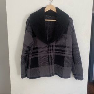 Barefoot Dreams Faux Shearling Royal Plaid Cardigan in Black/Grey, Size M